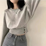 Autumn Women Solid O-Neck Slim Crop Top Lantern Sleeve With Button  Sweat Casual Hip-Hop Sporty Pullover Sweet Chic Street Wear