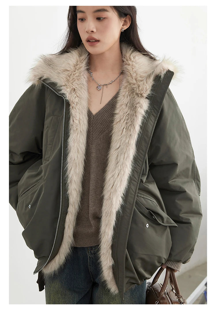 Women's Hooded Down Jacket with Faux Fur Collar