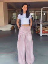 Pants Leg Stripe Women Trousers Adjustable Waist Wrap Loose Summer Floor Length Boho Palazzo Trousers Women Outfit For Women