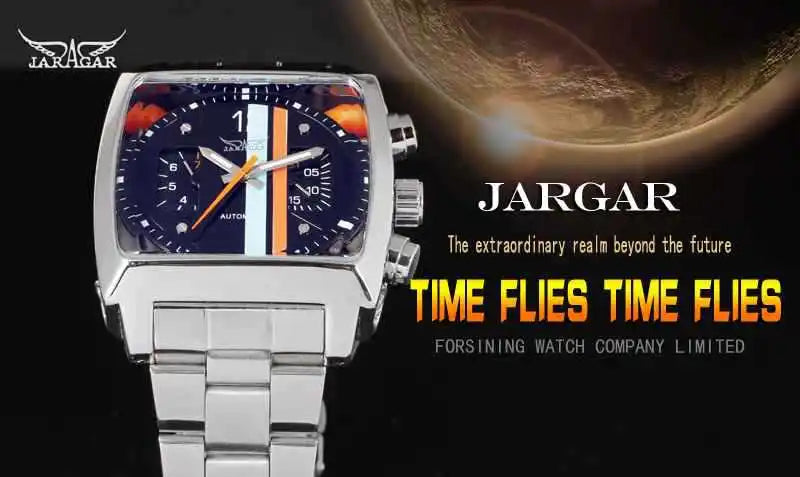 JARAGAR 569 Retro Square Dial Unique Men's Automatic Mechanical Watch Calendar Week Steel Strap Casual Men's Clock Reloj Hombre