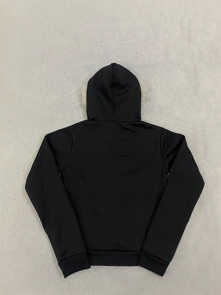 Autumn and Winter Women's Y2K GOTH Zipper Hoodie, Hairy Neck Hat, Slim Fit Long Sleeved Coat, Daily Punk Street Wear Coat