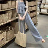 Faionable round Ne Svel Top High Waist Straight Leg Pants Women's Summer New Sle Korean Version Two-Piece Set