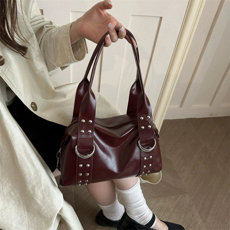 High Quality PU Leather Women's Shoulder Bag Large Capacity Y2K Underarm Bag Fashion Rivet Women Daily Boston Handbag