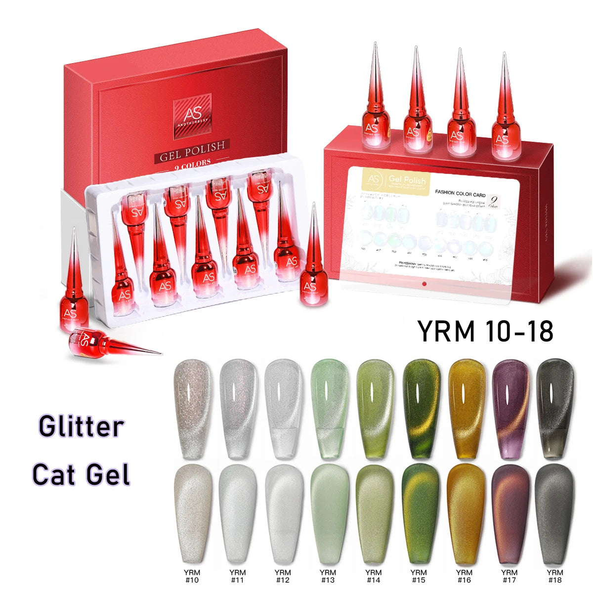 AS 9 Colors Magnetic Cat Eye Gel Nail Polish Set Jelly Pink UV LED Soak Off Gel Varnish Crystal Red Cat Gel Lacquer With Display