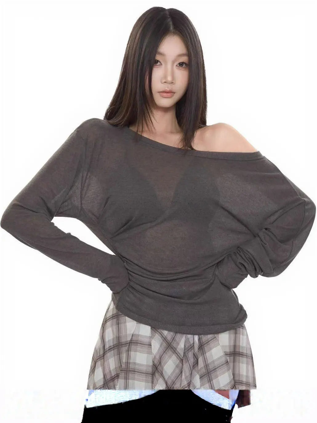Sheer Oversized Off-Shoulder Long Sleeve Tee | Back Ribbon Detail