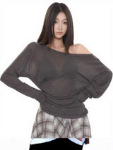 Sheer Oversized Off-Shoulder Long Sleeve Tee | Back Ribbon Detail