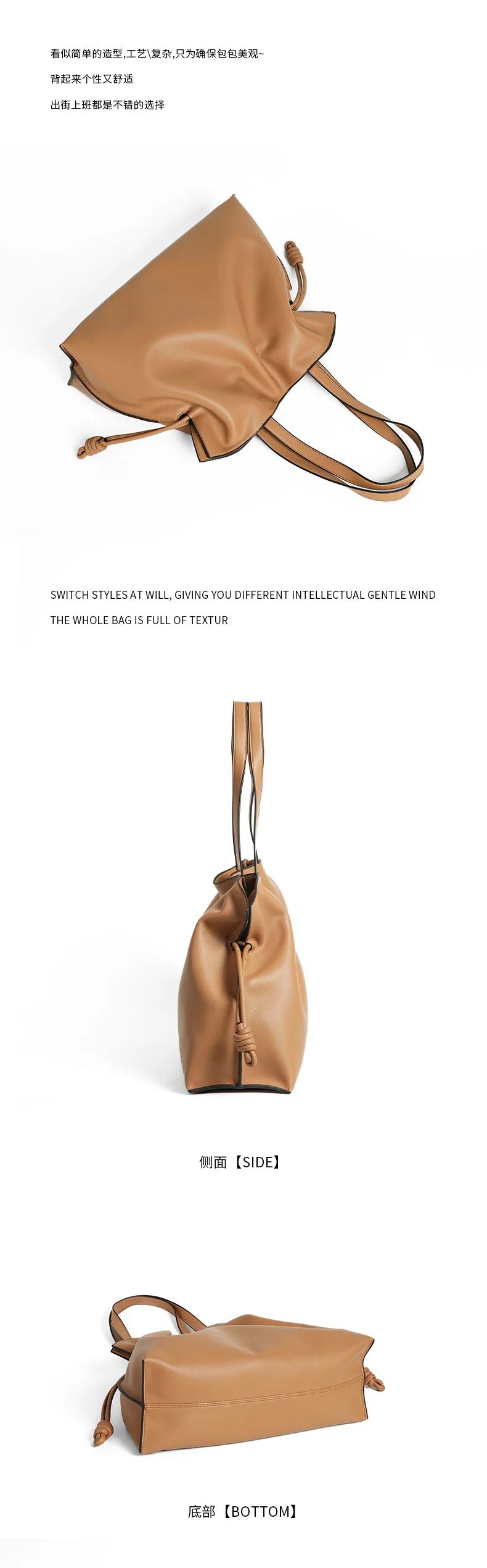 Autumn Winter High-End Leather Bucket Bag Drawstring Pleated Soft Cowhide Single Shoulder Tote Lucky Bag for Women