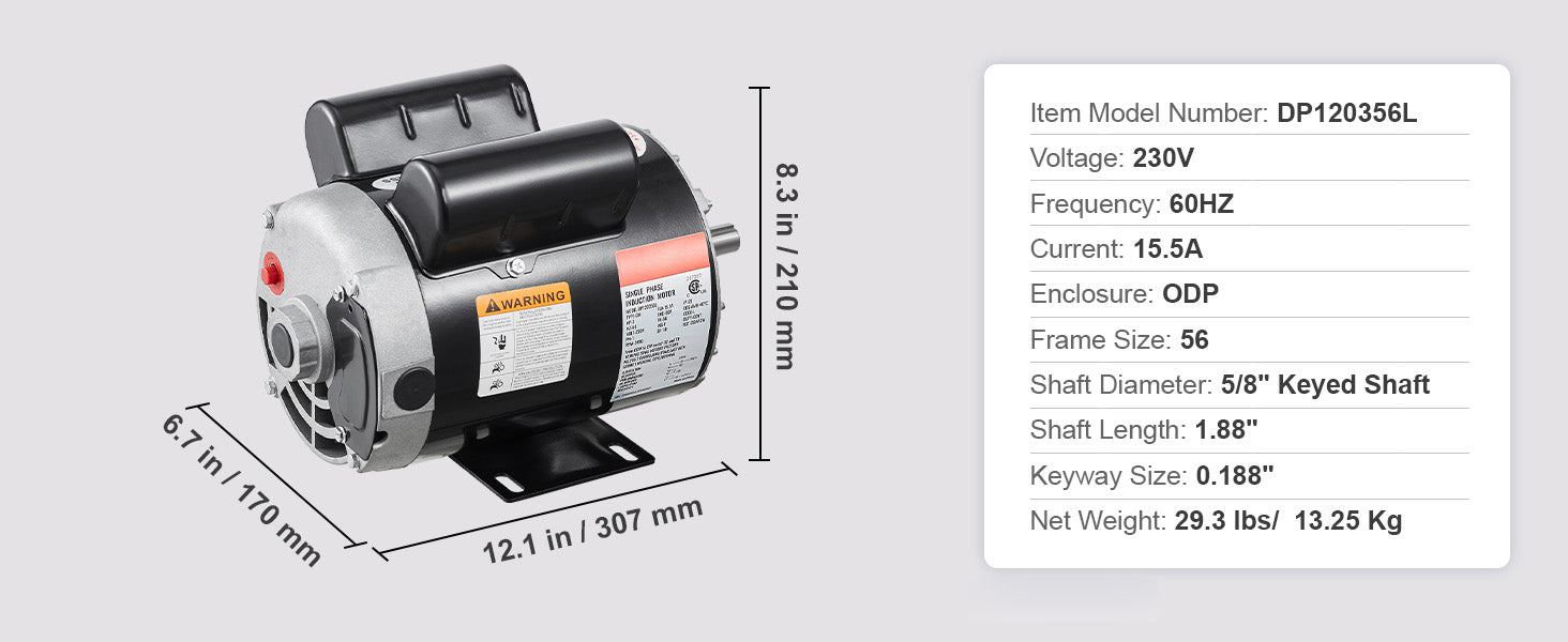 SucceBuy 2/3/3.7HP Air Compressor Motor 230V Single Phase Electric Motor 3450RPM CW/CCW Rotation Motor for Air Compressors