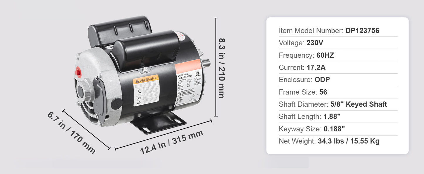SucceBuy 2/3/3.7HP Air Compressor Motor 230V Single Phase Electric Motor 3450RPM CW/CCW Rotation Motor for Air Compressors