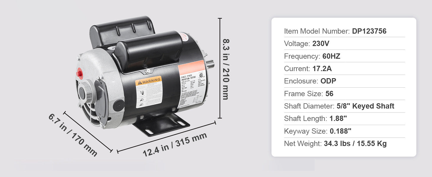 SucceBuy 2/3/3.7HP Air Compressor Motor 230V Single Phase Electric Motor 3450RPM CW/CCW Rotation Motor for Air Compressors