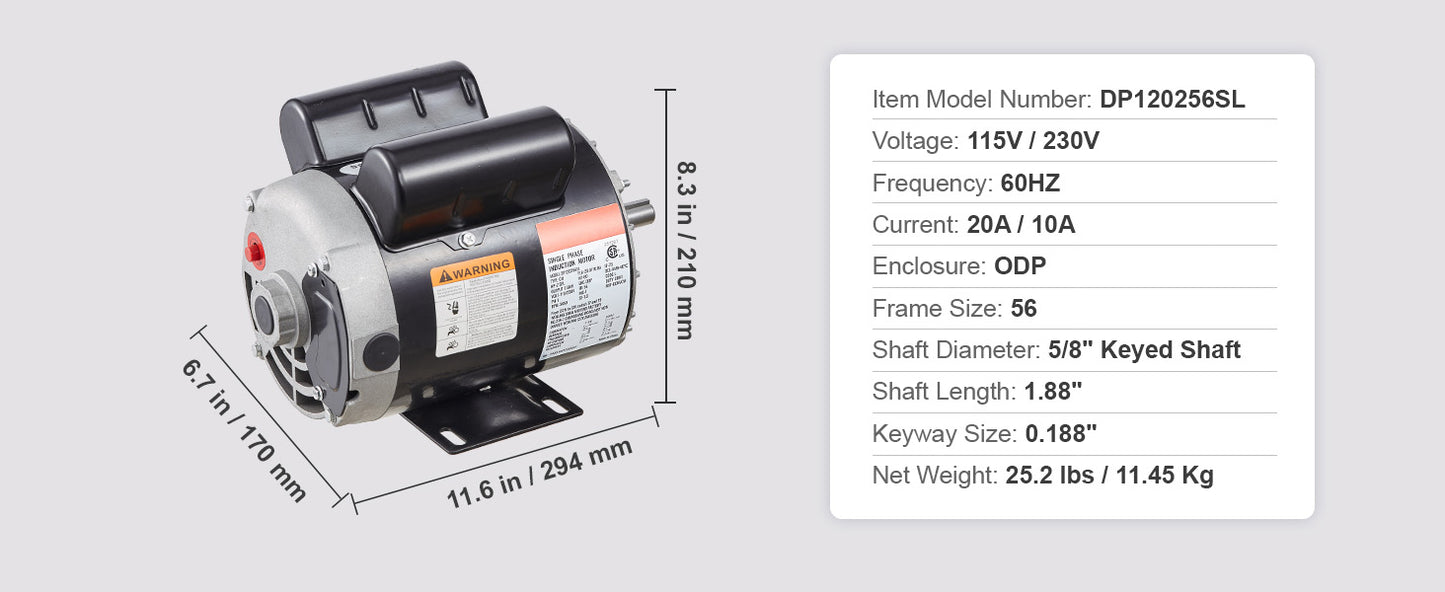 SucceBuy 2/3/3.7HP Air Compressor Motor 230V Single Phase Electric Motor 3450RPM CW/CCW Rotation Motor for Air Compressors