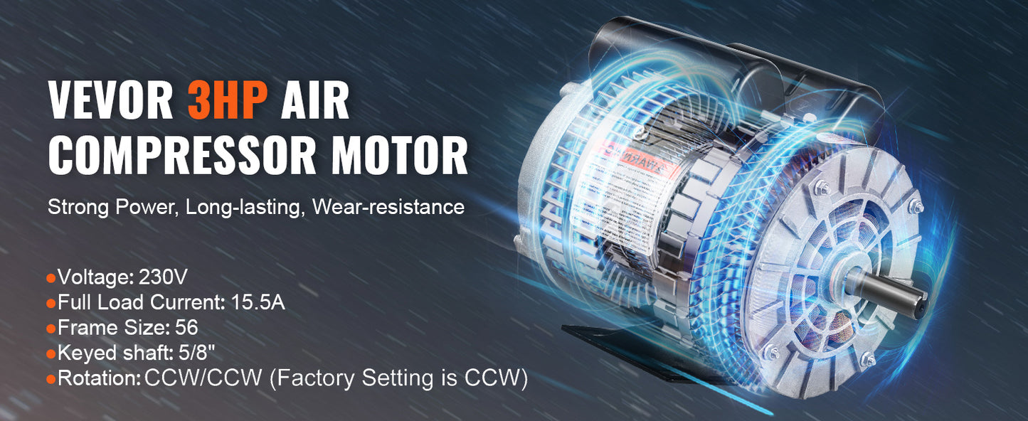 SucceBuy 2/3/3.7HP Air Compressor Motor 230V Single Phase Electric Motor 3450RPM CW/CCW Rotation Motor for Air Compressors