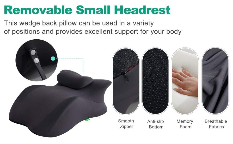 Adjustable Headrest Reading Pillow for Bed Adults - Memory Foam Back Support Wedge for Acid Reflux, Snoring & Legs