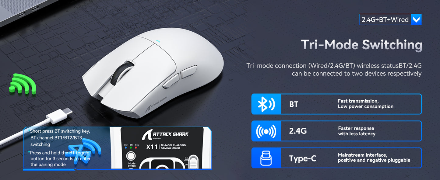 ATTACK SHARK X11 Wireless Gaming Mouse with Charging Dock PixArt PAW3311 Gaming Sensor, BT/2.4G Wireless/Wired