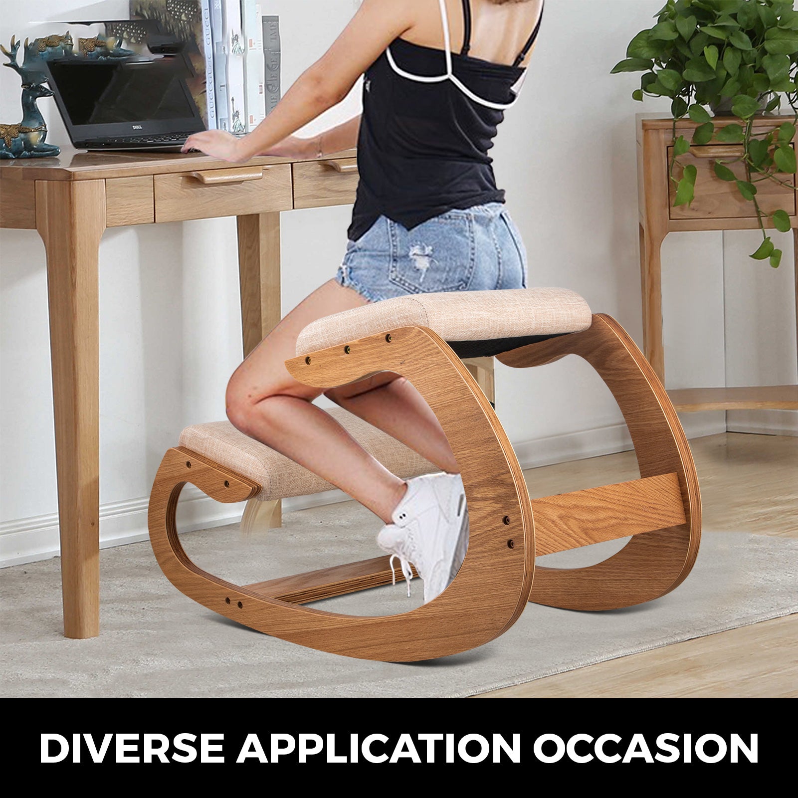 SucceBuy Ergonomic Kneeling Chair Stool W/ Thick Cushion Home Office Chair Improving Body Posture Rocking Wood Computer Chair