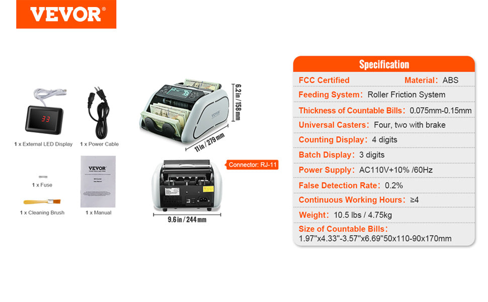 SucceBuy 1000 Pcs/Min Money Counter Business Cash Register Bill Counterfeit Bill Detector by UV/MG/IR/DD Function for Bank Store