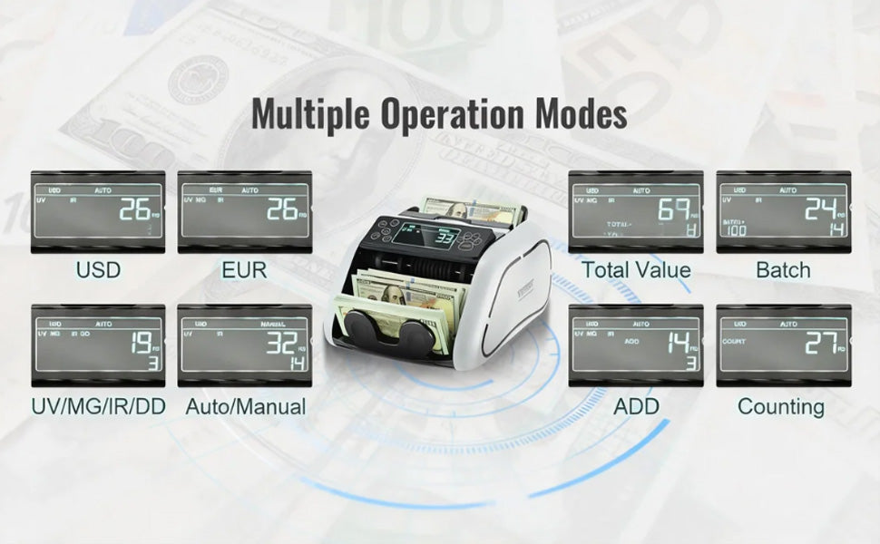 SucceBuy 1000 Pcs/Min Money Counter Business Cash Register Bill Counterfeit Bill Detector by UV/MG/IR/DD Function for Bank Store