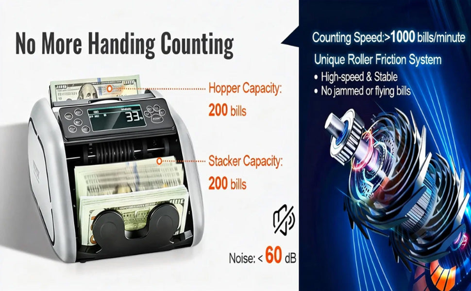 SucceBuy 1000 Pcs/Min Money Counter Business Cash Register Bill Counterfeit Bill Detector by UV/MG/IR/DD Function for Bank Store