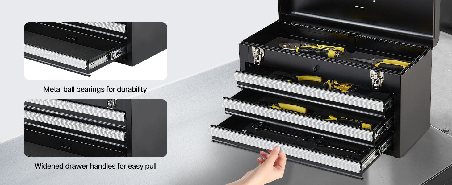 SucceBuy 20in 3-Drawer Metal Tool Box Black/Red Tool Chest with EVA Liners Multifunction Tool Organizer for Garage & Workshop