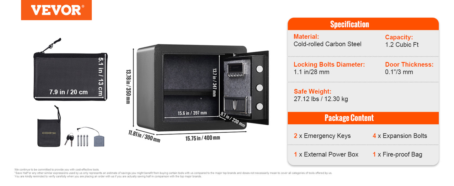 SucceBuy 1.2/0.5 Cubbic Fit Electronic Safe Deposit Safe Box W/ Digital Access & Override Keys for Money Gun Jewelry Document