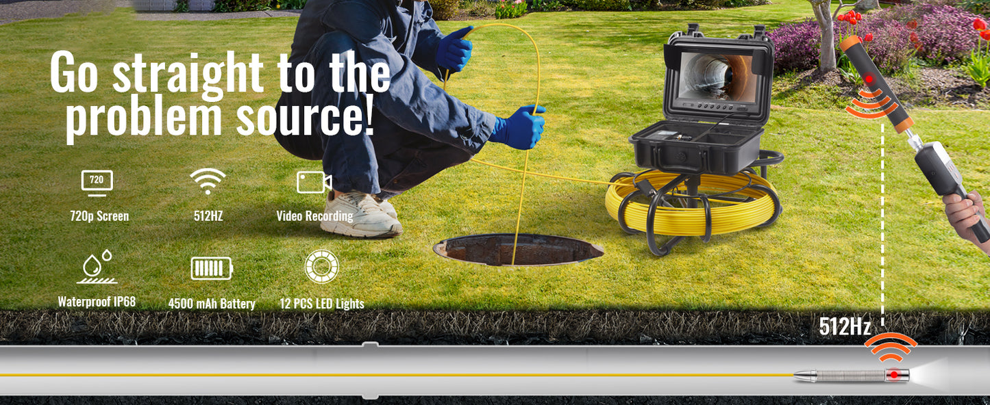 SucceBuy Sewer Camera with 512Hz Locator IP68 9" Pipeline Inspection Camera w/DVR Function w/12 Adjustable LED and 16 GB SD Card