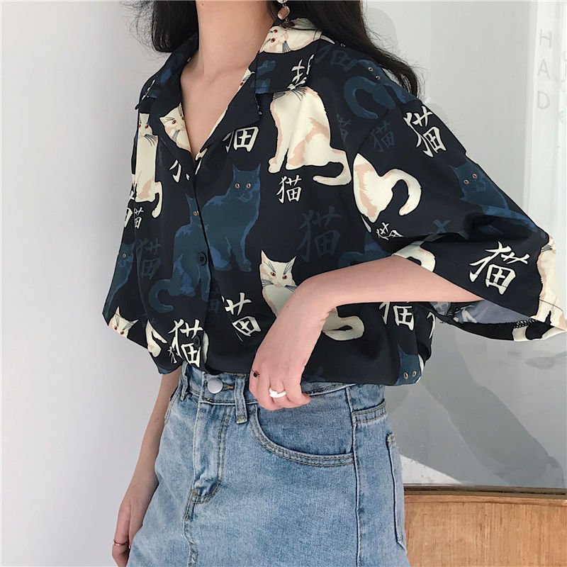 Vintage Cat Printed Loose Chic Shirts - THEFASHIONFEVER