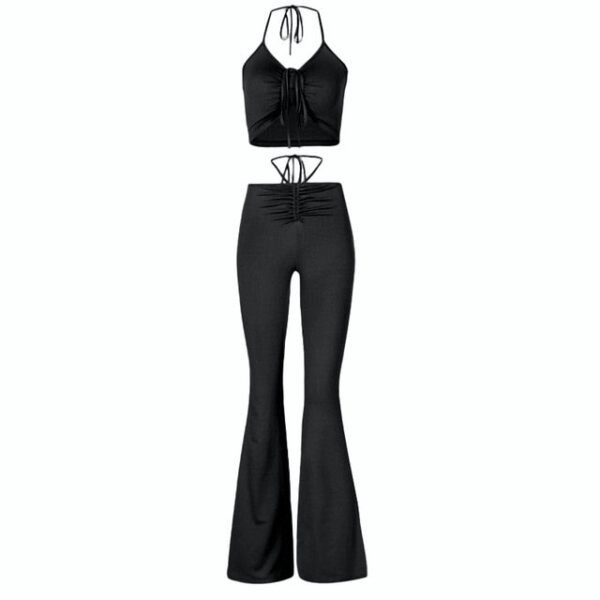 Y2K Fashion Drawstring Halter Top and High Waist Flare Pants 2 Piece Set - THEFASHIONFEVER