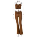 Y2K Fashion Drawstring Halter Top and High Waist Flare Pants 2 Piece Set - THEFASHIONFEVER