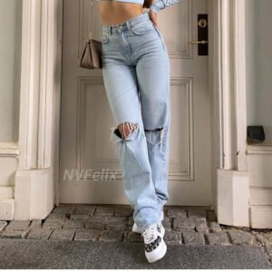 Loose Fit Ripped Wide Leg High Waist Denim Trousers - THEFASHIONFEVER